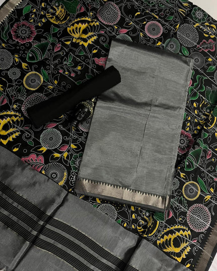 Mangalagiri Semi Pattu Dress Material with Zari Border – Gray Colour