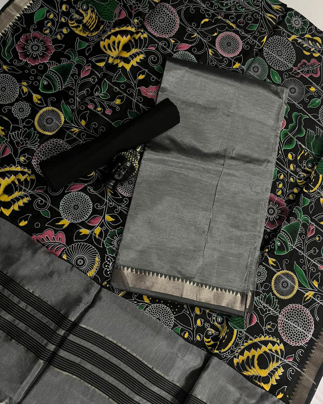 Mangalagiri Semi Pattu Dress Material with Zari Border – Gray Colour