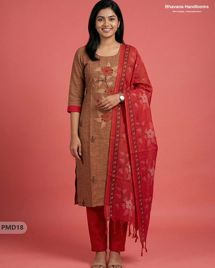 Ready-to-Wear Floral Print 3PC Kurti Set with Mirror Work | Brown colour