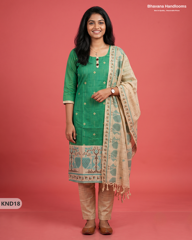 Designer Printed Cotton Floral 3PC Kurti Set in Parrot Green Colour | Full-Length Lining | Ready-to-Wear