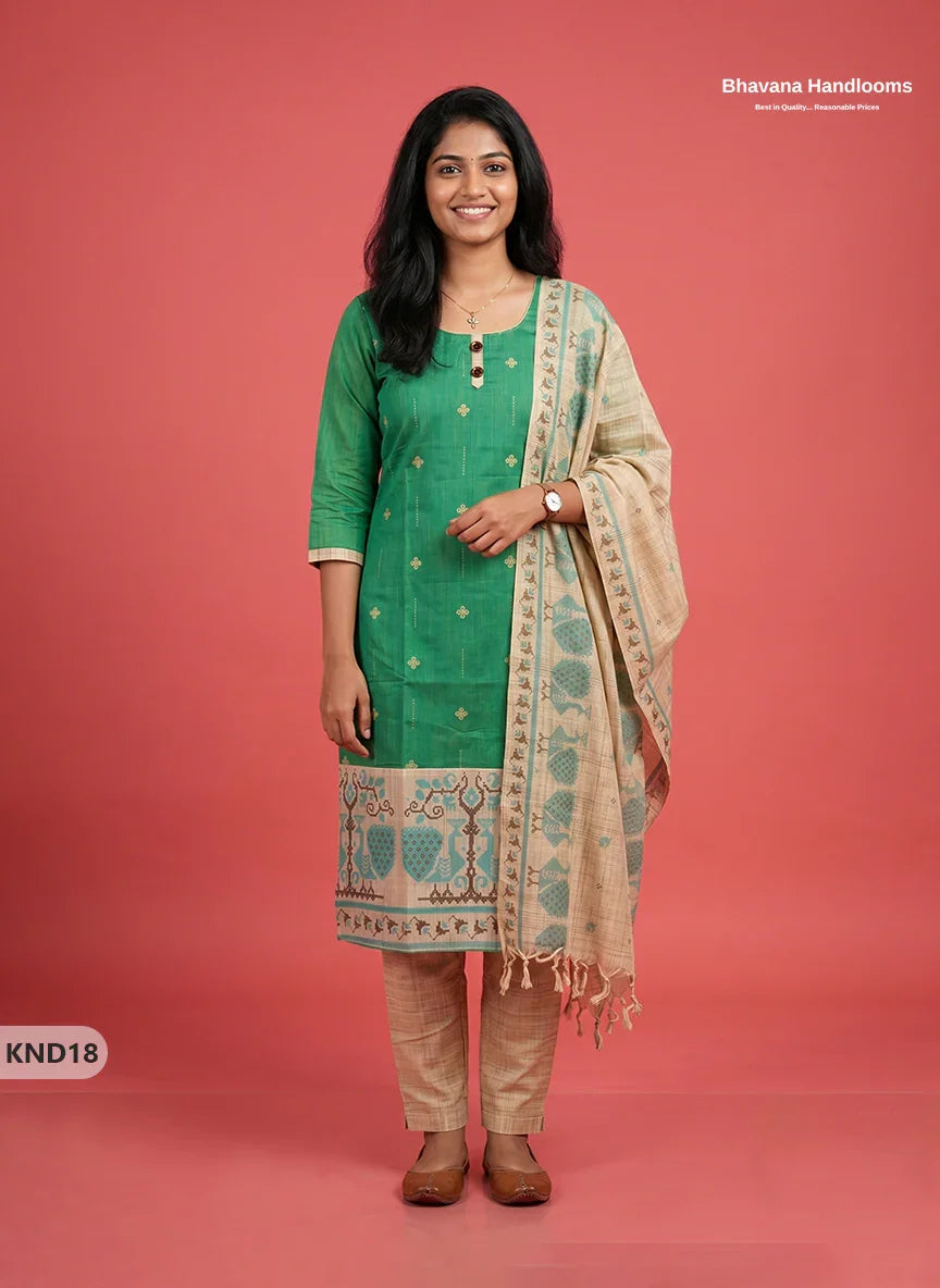 Designer Printed Cotton Floral 3PC Kurti Set in Parrot Green Colour | Full-Length Lining | Ready-to-Wear