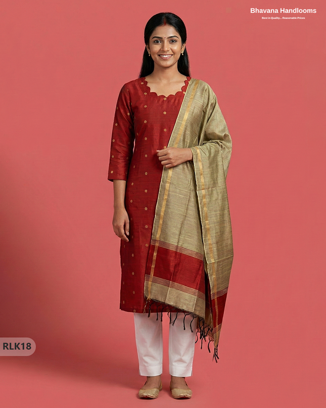 Raw Silk 2PC Set in Red Colour | Top & Bottom Only Ethnic Wear