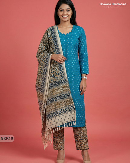 Raw Silk 3PC Kurti Set with Kalamkari Dupatta & Elastic Bottom in Sky Blue Colour | Ethnic Wear