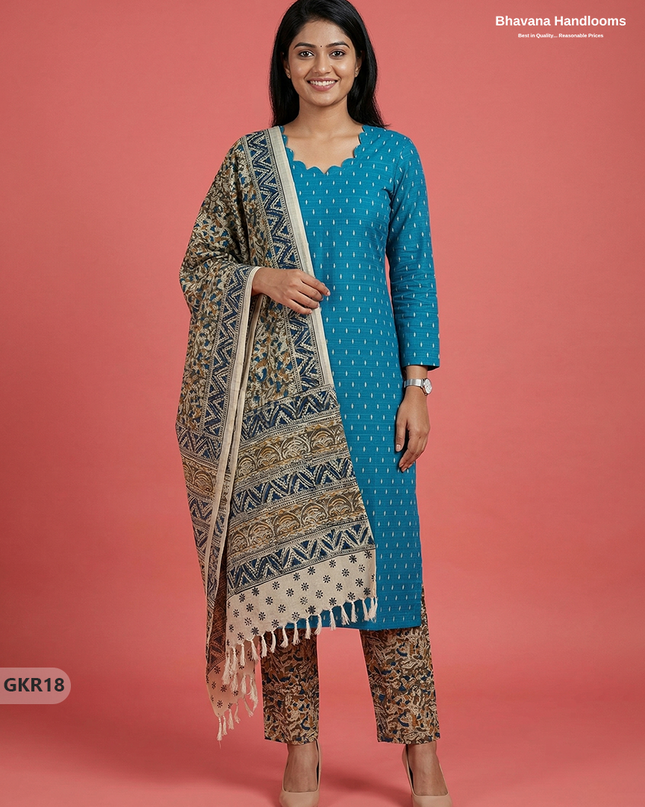 Raw Silk 3PC Kurti Set with Kalamkari Dupatta & Elastic Bottom in Sky Blue Colour | Ethnic Wear