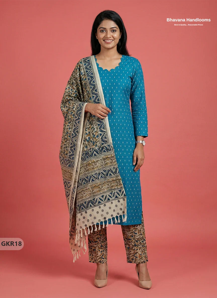 Raw Silk 3PC Kurti Set with Kalamkari Dupatta & Elastic Bottom in Sky Blue Colour | Ethnic Wear