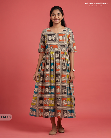 Feeding Frock with Kalamkari Design – Beige Color | Invisible Zips | Half Lining Maternity Wear