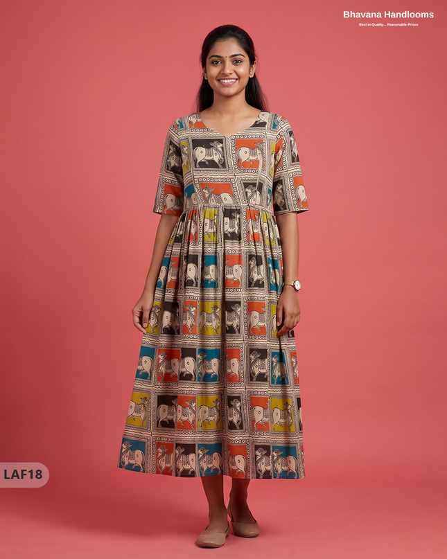 Feeding Frock with Kalamkari Design – Beige Color | Invisible Zips | Half Lining Maternity Wear