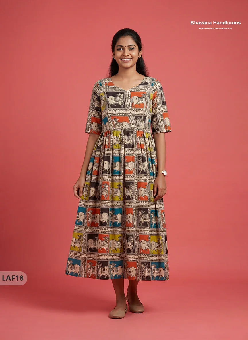 Feeding Frock with Kalamkari Design – Beige Color | Invisible Zips | Half Lining Maternity Wear
