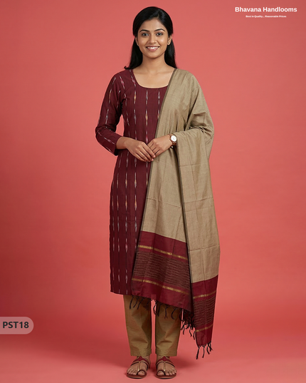 Pochampally Semi Pattu 3PC Kurti Set in Maroon Colour | Ready-to-Wear Ethnic Wear