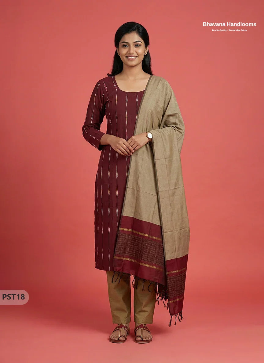 Pochampally Semi Pattu 3PC Kurti Set in Maroon Colour | Ready-to-Wear Ethnic Wear