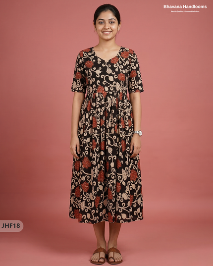 Kalamkari Design Frock – Black Colour | Handloom Ethnic Wear with Half Lining