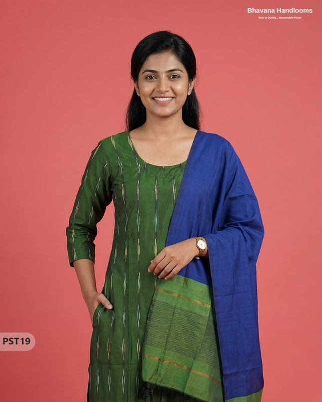 Pochampally Semi Pattu 3PC Kurti Set in Dark Green Colour | Ready-to-Wear Ethnic Wear