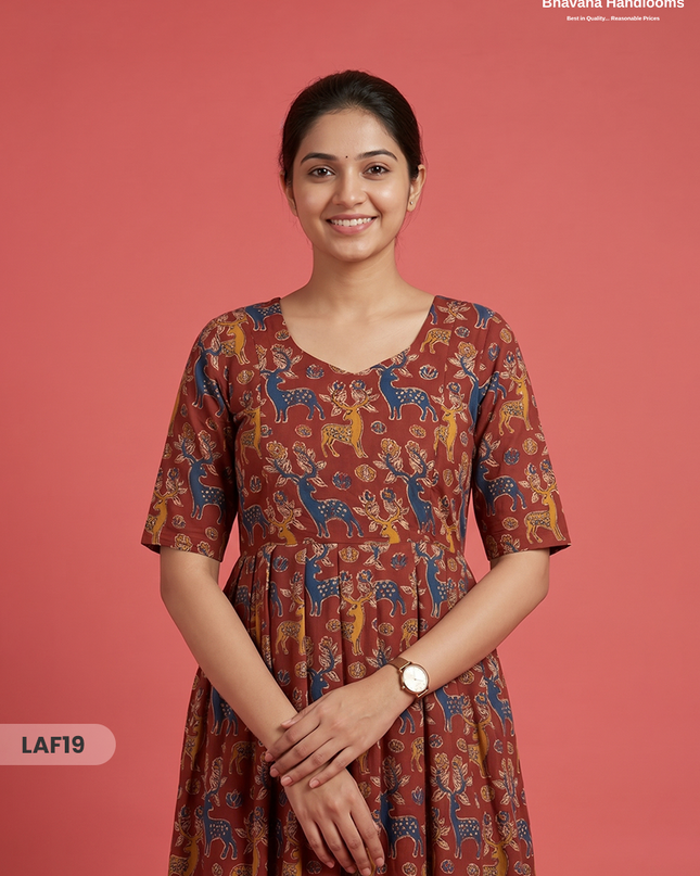 Feeding Frock with Kalamkari Design – Red Color | Invisible Zips | Half Lining Maternity Wear