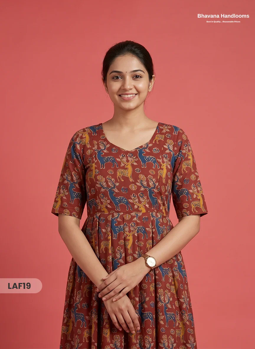 Feeding Frock with Kalamkari Design – Red Color | Invisible Zips | Half Lining Maternity Wear