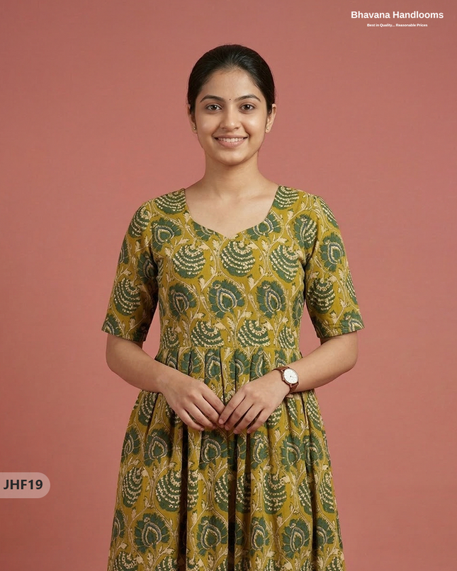 Kalamkari Design Frock – Yellow & Green Colour | Handloom Ethnic Wear with Half Lining