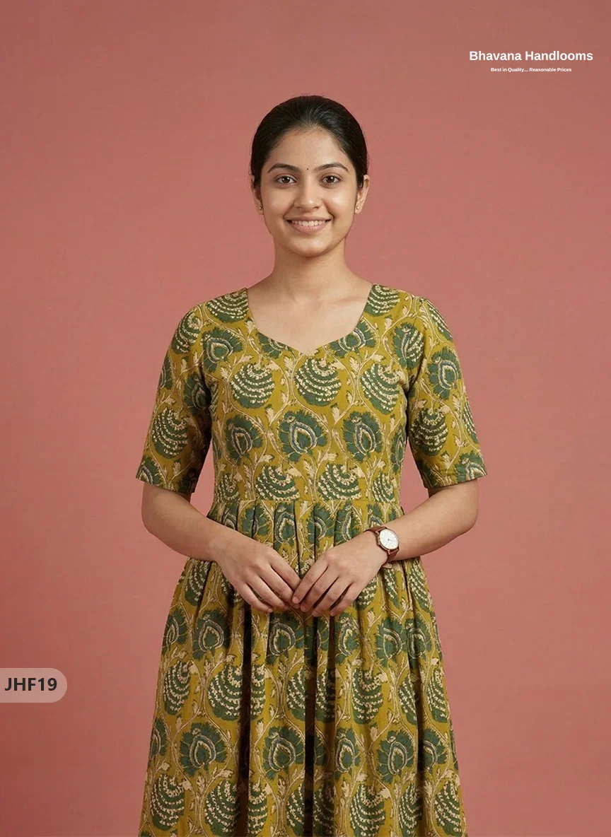 Kalamkari Design Frock – Yellow & Green Colour | Handloom Ethnic Wear with Half Lining