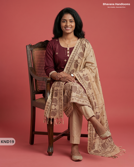 Designer Printed Cotton Floral 3PC Kurti Set in Wine Maroon Colour | Full-Length Lining | Ready-to-Wear