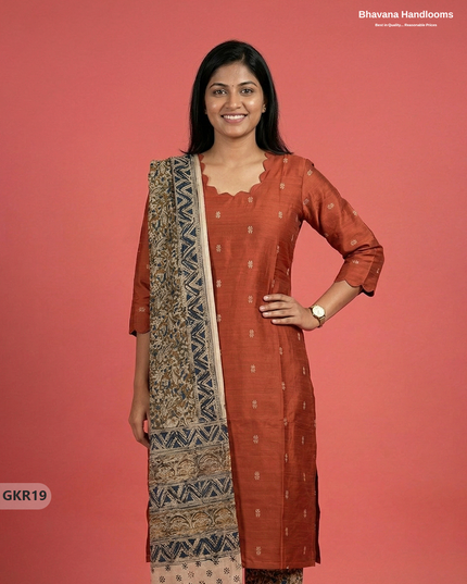 Raw Silk 3PC Kurti Set with Kalamkari Dupatta & Elastic Bottom in Orange Colour | Ethnic Wear