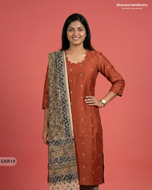 Raw Silk 3PC Kurti Set with Kalamkari Dupatta & Elastic Bottom in Orange Colour | Ethnic Wear