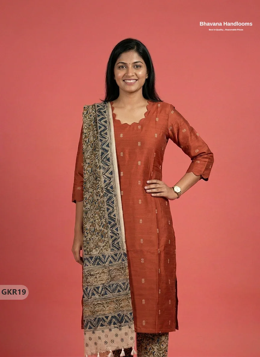 Raw Silk 3PC Kurti Set with Kalamkari Dupatta & Elastic Bottom in Orange Colour | Ethnic Wear
