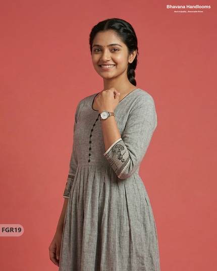 Summer Special Premium Cotton Handloom Frock with Woven Design | Gray Colour