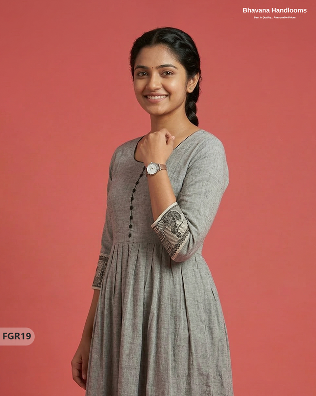 Summer Special Premium Cotton Handloom Frock with Woven Design | Gray Colour