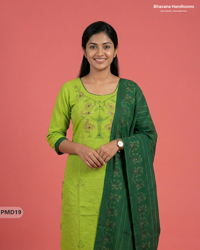 Premium Parrot Green Kurti Set with Birds Print & Mirror Finishing | Ready-to-Wear