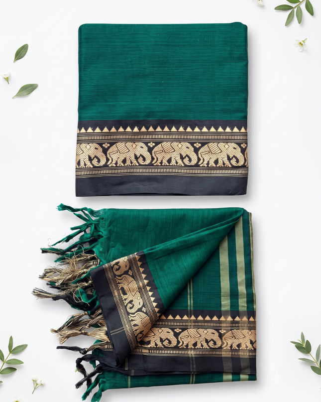 Traditional Wear Narayanpet Mercerised Cotton Dress Material with Dark Teal Green Colour | Woven Border