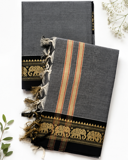 Traditional Wear Narayanpet Mercerised Cotton Dress Material with Charcoal Grey Colour | Woven Border
