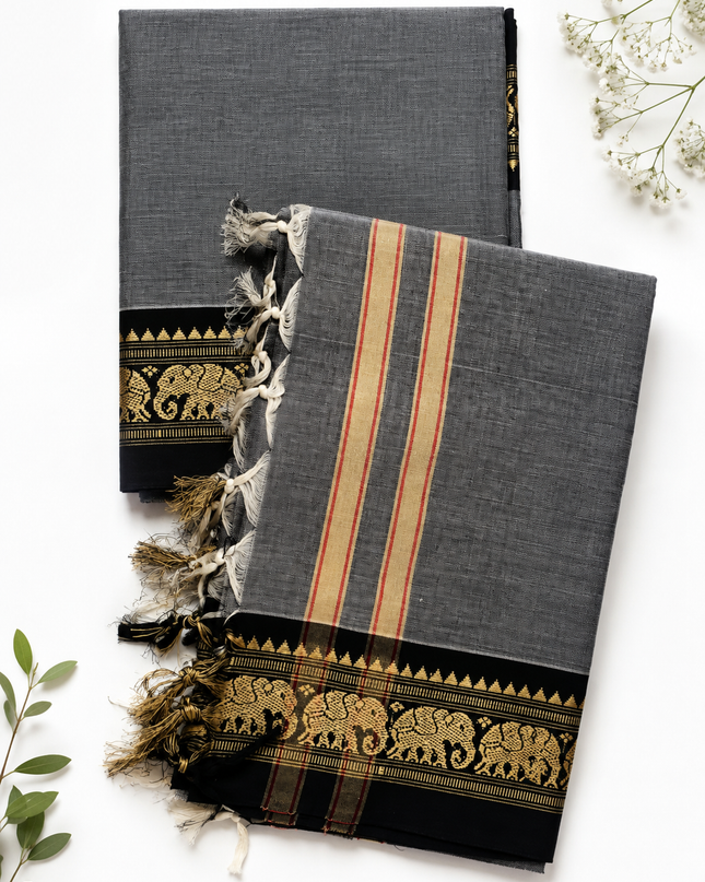 Traditional Wear Narayanpet Mercerised Cotton Dress Material with Charcoal Grey Colour | Woven Border