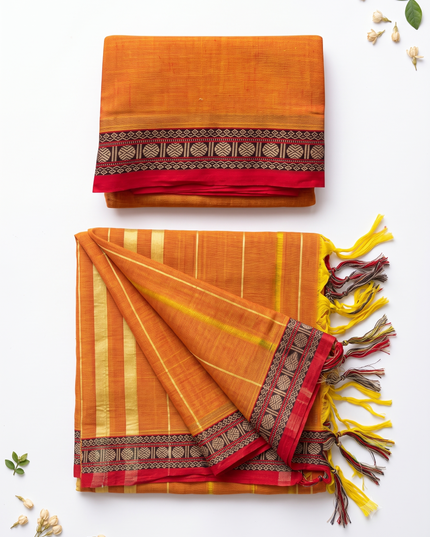 Traditional Wear Narayanpet Mercerised Cotton Dress Material with Orange Colour | Woven Border