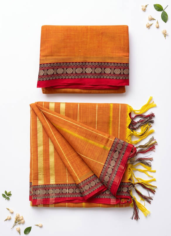 Traditional Wear Narayanpet Mercerised Cotton Dress Material with Orange Colour | Woven Border