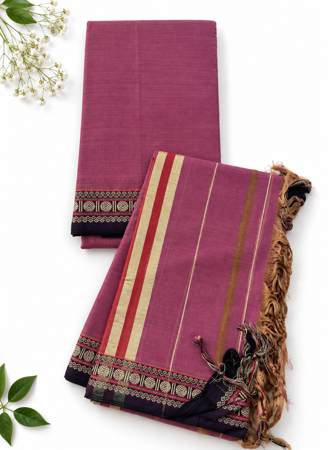 Traditional Narayanpet Mercerised Cotton Dress Material in Wine Pink | Black Woven Border