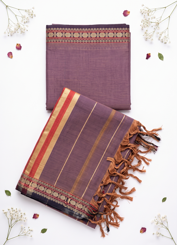 Traditional Wear Narayanpet Mercerised Cotton Dress Material with Mauve Purple Colour | Woven Border