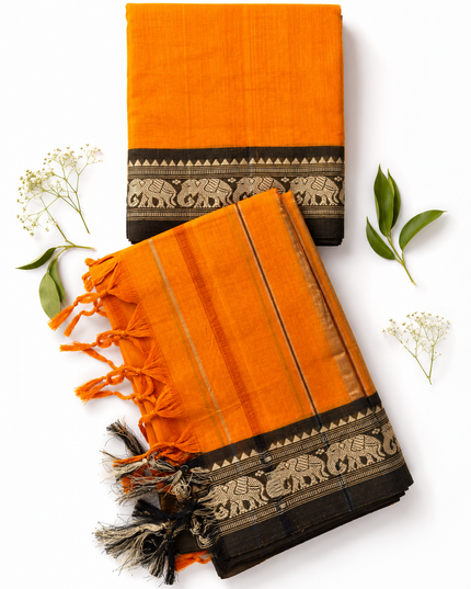Traditional Wear Narayanpet Mercerised Cotton Dress Material with Orange Colour | Woven Border