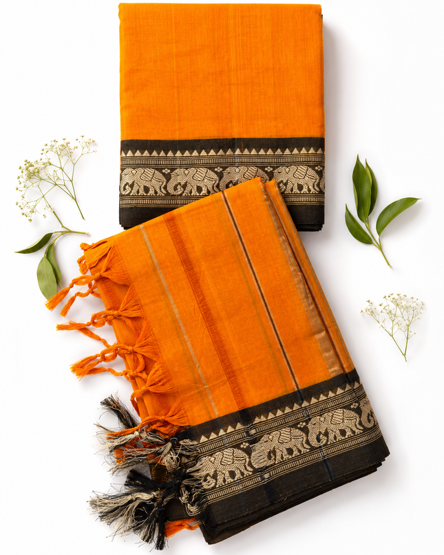 Traditional Wear Narayanpet Mercerised Cotton Dress Material with Orange Colour | Woven Border
