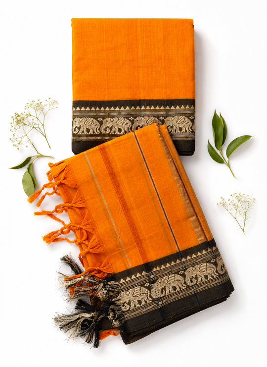 Traditional Wear Narayanpet Mercerised Cotton Dress Material with Orange Colour | Woven Border
