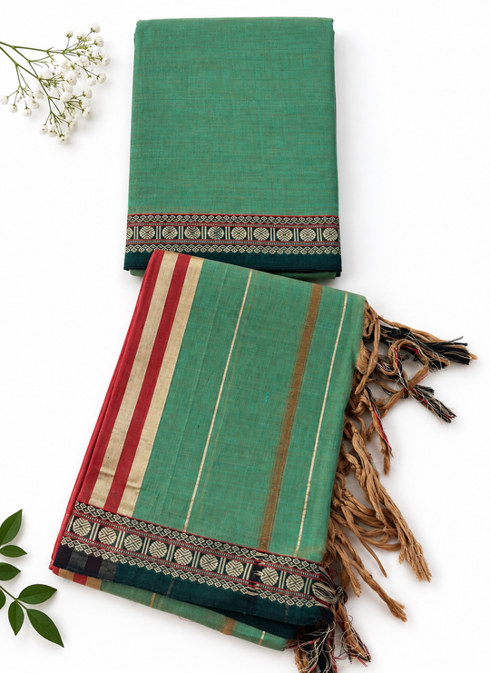 Traditional Narayanpet Mercerised Cotton Dress Material in Teal Green | Dark Green Woven Border