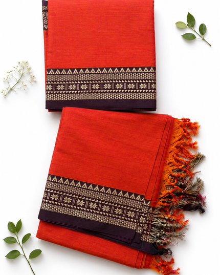 Traditional Wear Narayanpet Mercerised Cotton Dress Material with Bright Orange Colour | Woven Border