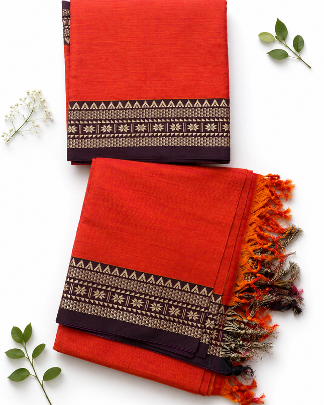 Traditional Wear Narayanpet Mercerised Cotton Dress Material with Bright Orange Colour | Woven Border