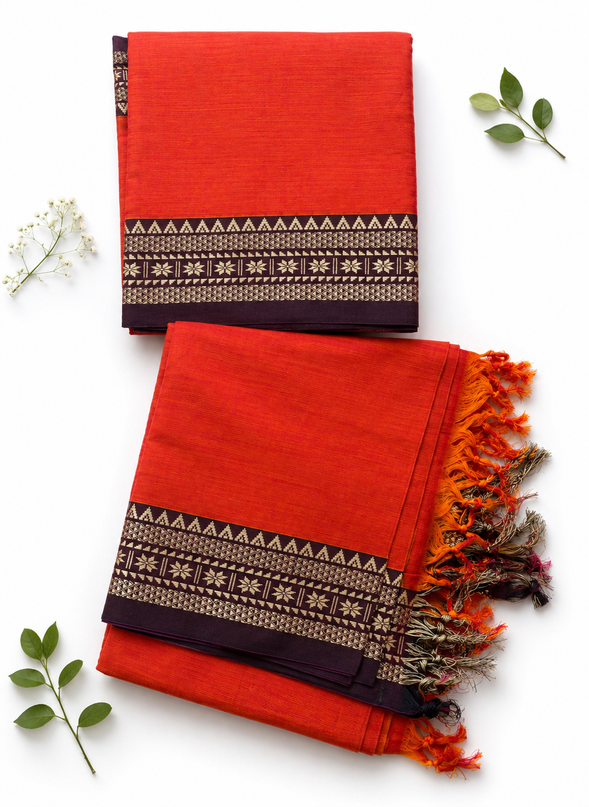 Traditional Wear Narayanpet Mercerised Cotton Dress Material with Bright Orange Colour | Woven Border