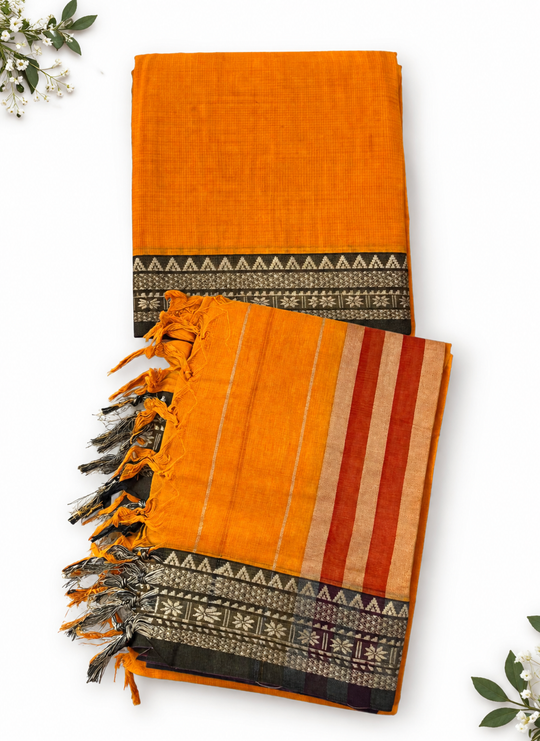 Traditional Narayanpet Mercerised Cotton Dress Material in Bright Orange | Dark Brown Woven Border