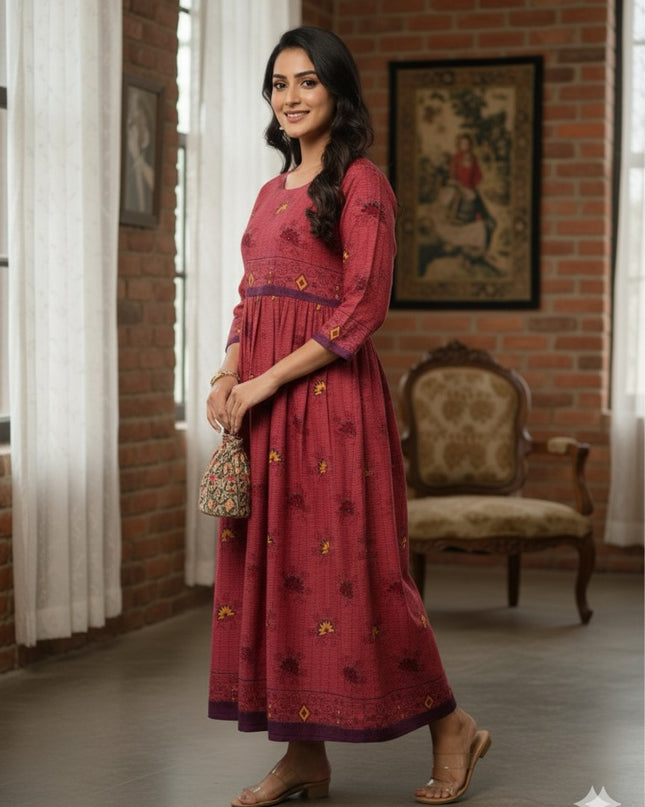 Pink Floral Printed Cotton Frock for Women – Casual Wear | Bhavana Handlooms