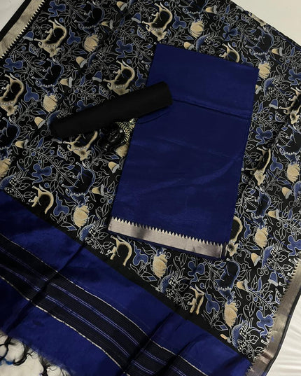 Mangalagiri Semi Pattu Dress Material with Zari Border – Royal Blue Colour