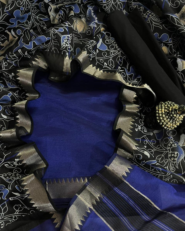 Mangalagiri Semi Pattu Dress Material with Zari Border – Royal Blue Colour