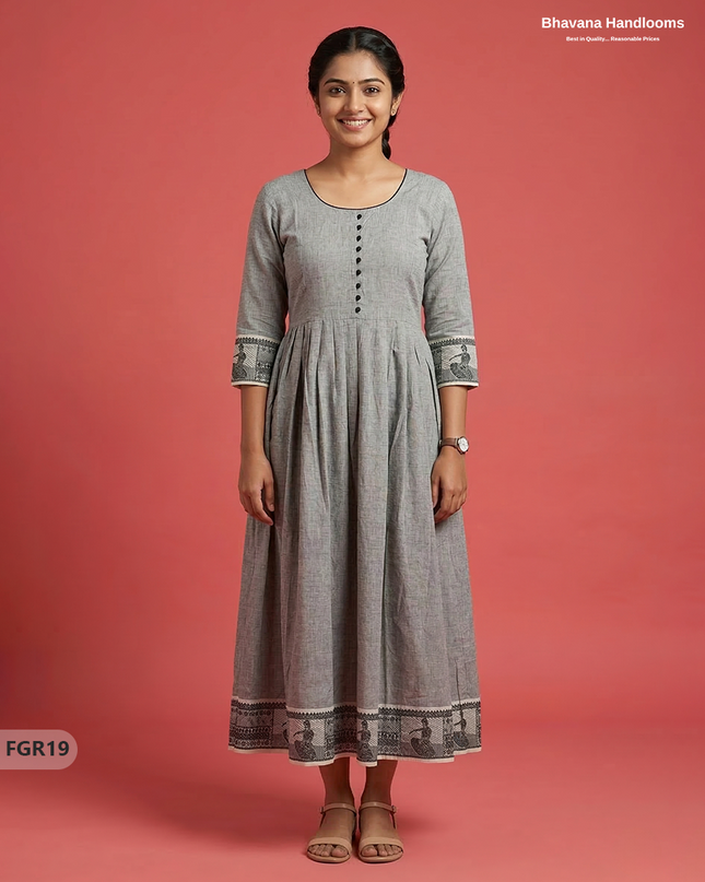 Summer Special Premium Cotton Handloom Frock with Woven Design | Gray Colour