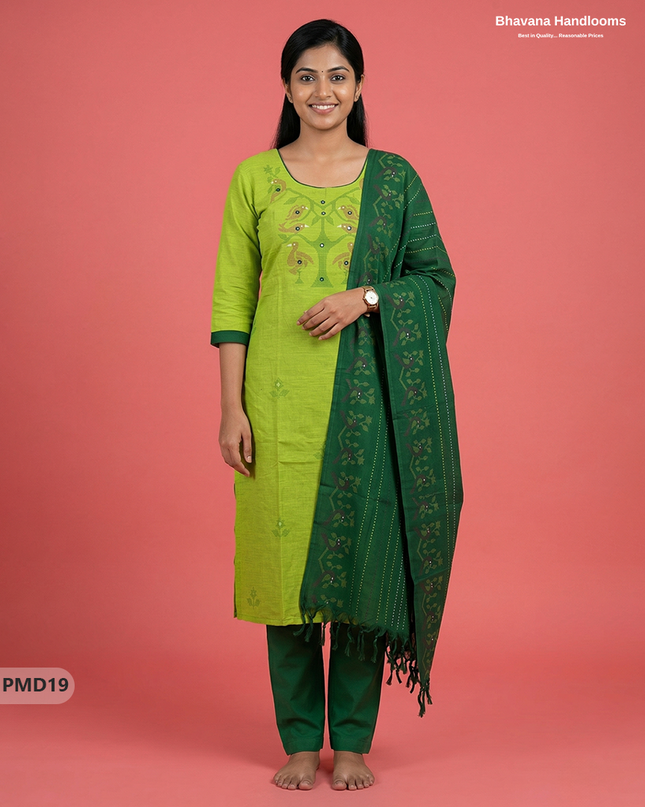 Premium Parrot Green Kurti Set with Birds Print & Mirror Finishing | Ready-to-Wear