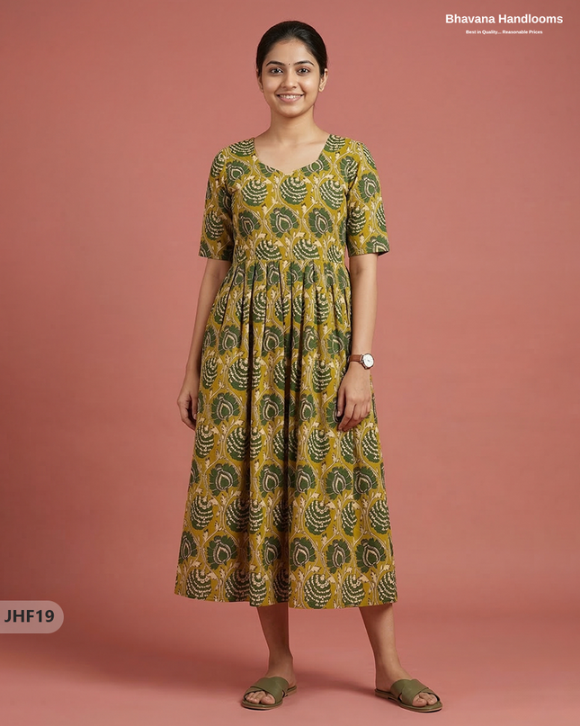 Kalamkari Design Frock – Yellow & Green Colour | Handloom Ethnic Wear with Half Lining