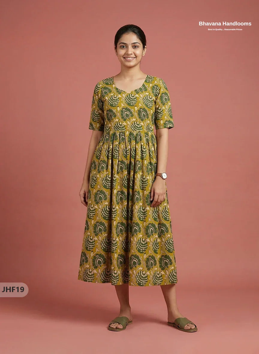 Kalamkari Design Frock – Yellow & Green Colour | Handloom Ethnic Wear with Half Lining