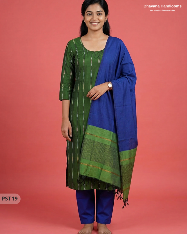 Pochampally Semi Pattu 3PC Kurti Set in Dark Green Colour | Ready-to-Wear Ethnic Wear